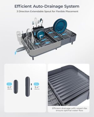 Expandable Dish Drying Rack, Versatile Brackets for Pots & Pans, Space Saving Kitchen Drying Rack, Dish Racks for Kitchen Counter, Stainless Steel Dish Drainers with Extendable Spout, Black - Image 8