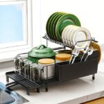 Large Dish Drying Rack with Drainboard Set, Stainless Steel Detachable 2-in-1 Large-Capacity 2-Tier Over The Sink Anti-Rust Dish Rack and Dish Drainer for Kitchen Counter
