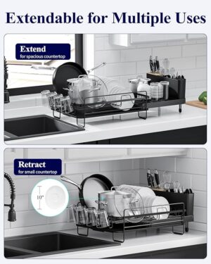Expandable Dish Drying Rack, Versatile Brackets for Pots & Pans, Space Saving Kitchen Drying Rack, Dish Racks for Kitchen Counter, Stainless Steel Dish Drainers with Extendable Spout, Black - Image 3