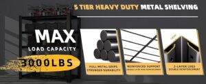 Heavy Duty Garage Shelving Unit with Wire Grid Shelves, 76.6" H x 60" W x 24" D, 5-Tier Adjustable Metal Shelving, Industrial Garage Storage Shelf for Heavy Duty Shelving, Storage Room, Basement-1Pack - Image 4